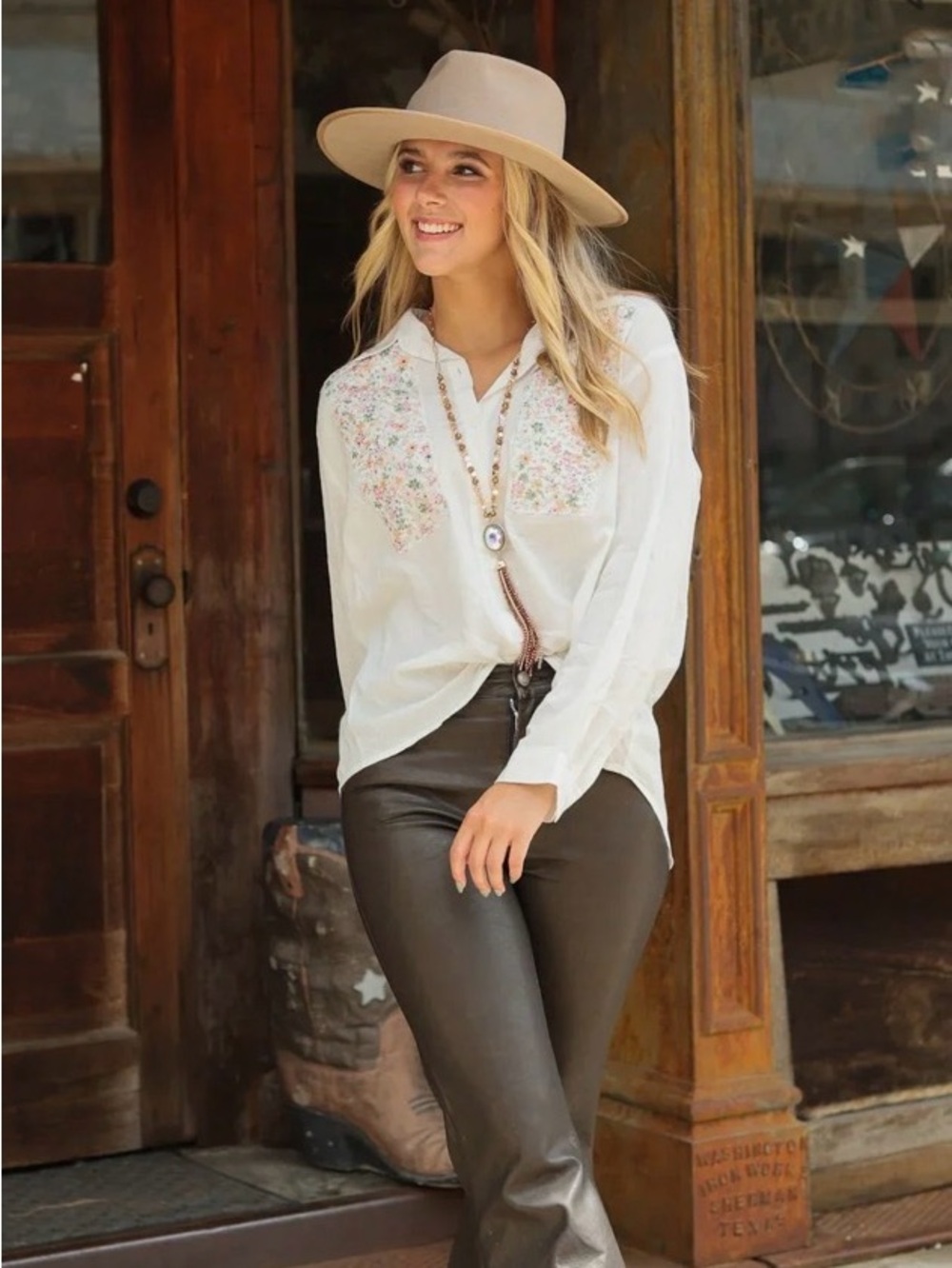 Southern Grace White Button-Down Top with Floral Yoke